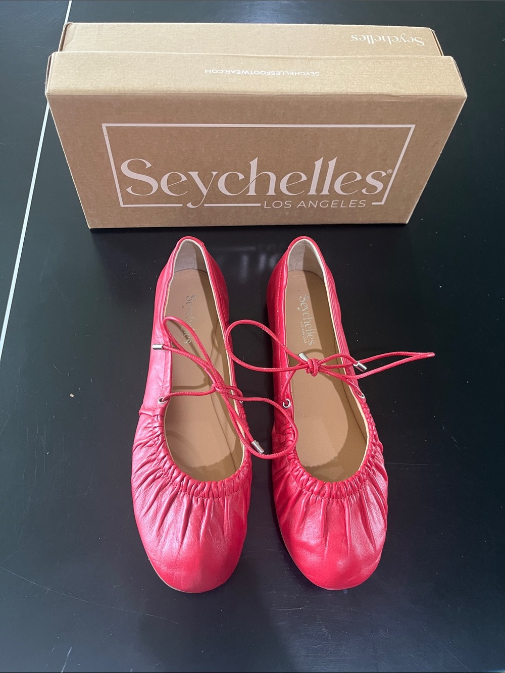 Seychelles Red Leather Gathered Ballet Flats with Tie